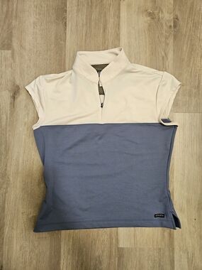 Athleta Color Blocked Mock Neck Cap Sleeve Top in Cream and Blue